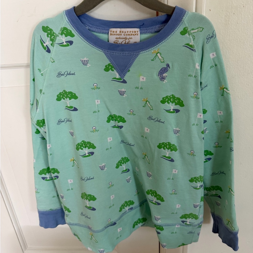 TBBC Comfy Crewneck Sea Island Golf Print Pullover - Mint Green with Blue Trim